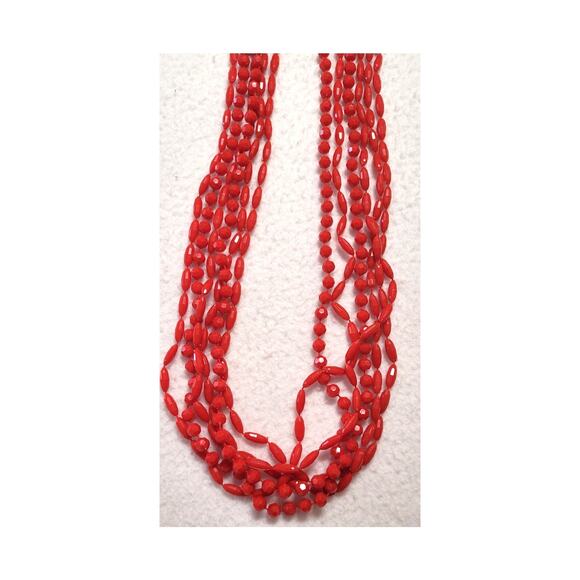 Faux Red Coral Plastic Multistrand Vtg 50s 60s MCM Beaded Necklace Box Clasp - Picture 6 of 8